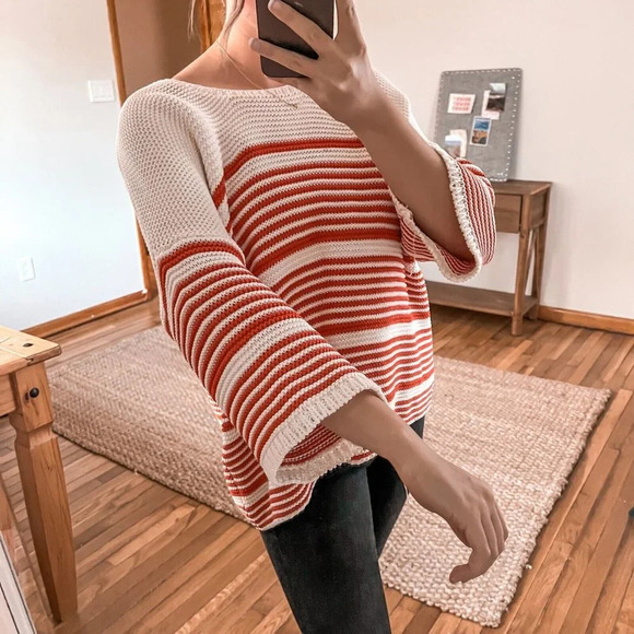 Mes Demoiselles 100% Cotton Knit Striped Wide Quarter Sleeve Pullover Sweater TU - Picture 2 of 12